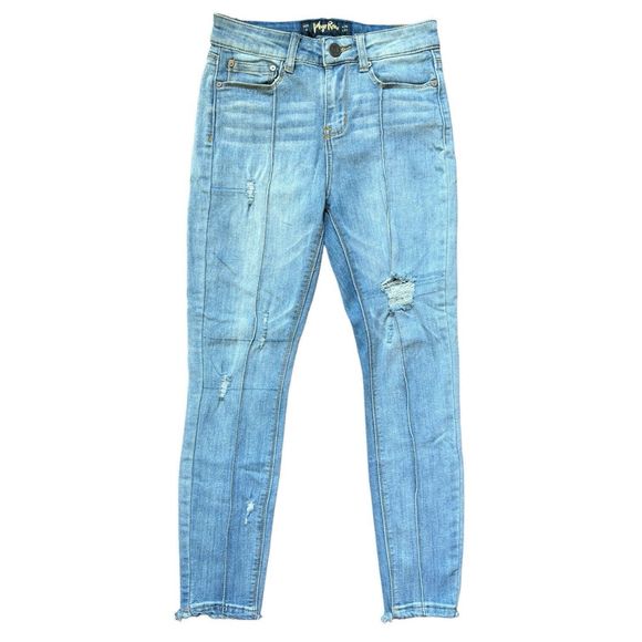 Indigo Rein Skinny Jeans Juniors 3 W26 Blue Mid Rise Frayed Hem Distressed Denim - Picture 10 of 11